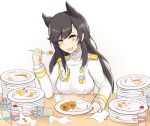  1girl animal_ears atago_(azur_lane) azur_lane black_hair blush cup curry curry_rice double-breasted drinking_glass drinking_straw eating empty english_text eyebrows_visible_through_hair food hadoukirby long_hair long_sleeves looking_at_viewer medal meme military military_uniform mole mole_under_eye open_mouth plate rice shrimp shrimp_tempura simple_background smile soda_bottle solo spoon tempura uniform white_background wolf_ears yellow_eyes 