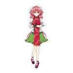  1girl ahoge aki_chimaki bandage bandaged_arm bandages bangs breasts bun_cover chains chinese_clothes cuffs double_bun flower full_body green_skirt hair_between_eyes highres ibaraki_kasen large_breasts medium_hair pink_eyes pink_flower pink_hair pink_rose puffy_short_sleeves puffy_sleeves rose shackles short_sleeves skirt solo tabard tachi-e touhou 