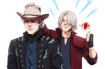  2boys black_coat black_gloves closed_mouth coat dante_(devil_may_cry) devil_may_cry devil_may_cry_5 donlemefo eyes_closed facial_hair fingerless_gloves frown gloves hat highres multiple_boys open_eyes red_coat simple_background sleeves_rolled_up smile thumbs_up unbuttoned unbuttoned_shirt upper_body vergil white_background white_hair zipper_pull_tab 