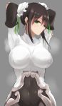  1girl absurdres bangs black_hair blush bodysuit breasts bun_cover covered_navel double_bun erect_nipples eyebrows_visible_through_hair fate/grand_order fate_(series) fingerless_gloves gloves green_eyes highres large_breasts looking_at_viewer negi_(sakuyaizayoi1029) qin_liangyu_(fate) sidelocks skin_tight solo steaming_body 