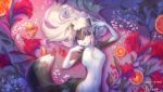  anthro areola black_fur blush breasts canid canine digital_media_(artwork) female flower fur hair hi_res levaligress long_hair looking_at_viewer mammal nipples nude open_mouth pinup plant pose sabara smile solo white_fur 