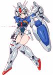 1girl armor breasts commentary_request covered_navel erect_nipples full_body green_eyes green_hair gundam gundam_0083 gundam_gp-01_full_vernian_zephyranthes highres large_breasts leotard looking_at_viewer mecha_musume michi_kuso open_mouth shield short_hair simple_background skindentation solo thrusters white_background 