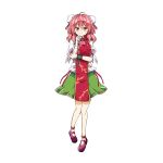  1girl ahoge aki_chimaki bandage bandaged_arm bandages bangs breasts bun_cover chains chinese_clothes cuffs double_bun flower full_body green_skirt hair_between_eyes highres ibaraki_kasen large_breasts medium_hair pink_eyes pink_flower pink_hair pink_rose puffy_short_sleeves puffy_sleeves rose shackles short_sleeves skirt solo tabard tachi-e touhou 