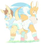  anthro ass_to_ass blush camelid clothed clothing diaper duo giraffe giraffid hi_res llama male mammal one_eye_closed ozzybear simple_background tongue tongue_out 