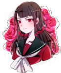  1girl bangs black_hair blunt_bangs collarbone commentary danganronpa english_commentary flower hair_ornament harukawa_maki highres huyandere long_hair looking_at_viewer low_twintails mole mole_under_eye new_danganronpa_v3 red_eyes red_flower red_rose red_scrunchie red_shirt rose school_uniform scrunchie shirt solo twintails 