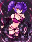  1girl :p ass_wings black_legwear black_panties black_sleeves black_wings bra breasts cleavage collarbone demon_girl demon_horns demon_tail detached_sleeves drill_hair eyebrows_visible_through_hair front-tie_bra hair_between_eyes highres horns kuroa_(kuroan) large_breasts leg_up long_sleeves looking_at_viewer navel orange_eyes original panties pointy_ears purple_bra purple_hair slit_pupils smile solo standing standing_on_one_leg succubus tail thighhighs tongue tongue_out twin_drills underwear underwear_only wings 