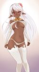  absurd_res breasts cleavage clothed clothing dark_skin elf female hair hi_res humanoid looking_at_viewer not_furry poduu pointy_ears red_eyes solo white_hair 