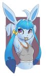  absurd_res anthro bow eeveelution exercise flurry_(character) frostynoten glaceon hairband hi_res invalid_tag nintendo pok&eacute;mon pok&eacute;mon_(species) ponytail purple_eyes sweat tying_hair video_games workout yellow_bow 