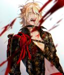  1boy animal_ears antenna_hair armor blonde_hair blood breasts chest choker commentary extra_ears fangs highres jacket japanese_armor japanese_clothes long_sleeves looking_at_viewer male_focus medium_hair nansen_ichimonji navel open_mouth shoulder_armor sidelocks simple_background solo stomach teeth tongue tongue_out touken_ranbu upper_body vient yellow_eyes 