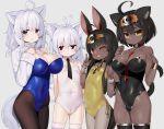  4girls ;d ahoge animal_ear_fluff animal_ears antenna_hair bangs bare_shoulders black_hair black_legwear black_leotard black_neckwear blue_leotard blush breasts brown_legwear cameltoe cleavage clothes_lift collar commentary_request covered_navel dark_skin detached_collar egyptian eyebrows_visible_through_hair fingernails grey_background grey_eyes grey_legwear groin hair_between_eyes hands_up headpiece highres large_breasts leotard long_hair long_sleeves miyamae_(miyazen9311) multiple_girls one_eye_closed open_mouth original pantyhose purple_eyes red_eyes ribbed_sweater short_hair silver_hair simple_background small_breasts smile strapless strapless_leotard sweater sweater_lift tail thick_eyebrows thighhighs v very_long_hair white_collar white_leotard white_sweater wing_collar wrist_cuffs yellow_eyes yellow_leotard 