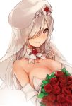  1girl bare_shoulders beret blush bouquet bow braid breasts bridal_veil cleavage closed_mouth detached_collar dress flower g36c_(girls_frontline) girls_frontline hair_over_one_eye hat holding holding_bouquet large_breasts long_hair looking_at_viewer peanutc purple_eyes red_flower red_rose rose see-through side_braid silver_hair simple_background smile solo strapless strapless_dress upper_body veil white_background white_bow white_dress white_headwear white_neckwear 