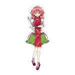  1girl ahoge aki_chimaki bandage bandaged_arm bandages bangs breasts bun_cover chains chinese_clothes cuffs double_bun flower full_body green_skirt hair_between_eyes highres ibaraki_kasen large_breasts medium_hair pink_eyes pink_flower pink_hair pink_rose puffy_short_sleeves puffy_sleeves rose shackles short_sleeves skirt solo tabard tachi-e touhou 