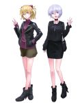  2girls :d alternate_hair_length alternate_hairstyle ayanami_rei bag black_footwear black_jacket black_sailor_collar black_shirt black_skirt blonde_hair blue_eyes boots brown_shorts collar collarbone earrings eyebrows_visible_through_hair full_body grey_footwear hair_between_eyes hand_in_pocket handbag headgear highres jacket jewelry konbari_tariumu long_sleeves looking_at_viewer miniskirt multiple_girls neck_ribbon neon_genesis_evangelion open_clothes open_jacket open_mouth pencil_skirt purple_ribbon purple_sweater red_eyes ribbed_sweater ribbon sailor_collar shiny shiny_clothes shiny_hair shirt short_hair short_shorts shorts silver_hair simple_background skirt smile soryu_asuka_langley standing sweater v waving white_background 