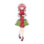  1girl ahoge aki_chimaki bandage bandaged_arm bandages bangs breasts bun_cover chains chinese_clothes cuffs double_bun flower full_body green_skirt hair_between_eyes highres ibaraki_kasen large_breasts medium_hair pink_eyes pink_flower pink_hair pink_rose puffy_short_sleeves puffy_sleeves rose shackles short_sleeves skirt solo tabard tachi-e touhou 