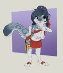  anthro armlet black_fur blue_eyes breasts clothed clothing clothing_lift ear_piercing ear_ring felid female fur grey_fur hi_res hybrid lutrine mammal mustelid nipples pantherine piercing reign-2004 shirt shirt_lift snow_leopard solo spats topwear white_fur 