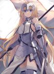  1girl armor armored_dress bare_shoulders blonde_hair blue_eyes braid breasts capelet chains fate/apocrypha fate/grand_order fate_(series) faulds flag fur_trim gauntlets headpiece highres holding holding_sword holding_weapon jeanne_d&#039;arc_(fate) jeanne_d&#039;arc_(fate)_(all) kou_v05first large_breasts long_hair solo sword very_long_hair weapon yellow_eyes 