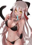  1girl absurdres animal_ears bangs bare_shoulders bikini black_bikini black_bow blush bow breasts cat_ears cat_tail cleavage collarbone dark_skin eyebrows_visible_through_hair fate/grand_order fate_(series) food hair_between_eyes hair_bow highres holding kemonomimi_mode large_breasts long_hair looking_at_viewer messy navel okita_souji_(alter)_(fate) okita_souji_(fate)_(all) otoufu_(gotouhu) popsicle silver_hair simple_background solo standing stomach swimsuit tail tassel tongue tongue_out very_long_hair white_background yellow_eyes 