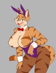  2019 anthro big_breasts bow_tie breasts celine_(vinfox) clothing curvaceous eyebrows eyelashes felid feline female fur green_eyes looking_at_viewer mammal open_mouth open_smile pink_nose smile solo standing starfighter stripes tight_clothing whiskers 