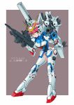  1girl :3 armor commentary_request full_body green_eyes gun gundam highres leotard looking_at_viewer mecha_musume michi_kuso pink_hair short_hair shoulder_cannon simple_background solo thighhighs v_gundam victory_gundam weapon white_legwear 