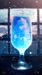  absurdres banishment blue_theme blurry building cloud commentary cup depth_of_field drinking_glass highres huge_filesize light_particles no_humans original power_lines scenery signature sky snow telephone_pole window 