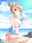  1girl 3: absurdres albi animal bare_arms bare_legs bare_shoulders barefoot beach bikini bird blue_eyes blue_jacket blue_sky blush breasts brown_hair bunny_hair_ornament caustics cleavage closed_mouth cloud cloudy_sky collarbone day frilled_bikini frills girls_frontline hair_bun hair_intakes hair_ornament hairband halter_top halterneck hand_up highres horizon jacket kneeling light_rays long_hair looking_at_viewer medium_breasts navel ocean off_shoulder outdoors rock sand sidelocks sky snowflake_hair_ornament solo starfish stomach sunbeam sunlight suomi_kp31_(girls_frontline) swimsuit thighs water white_bikini 