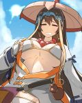 1girl ajirogasa bead_necklace beads bikini blue_sky breasts bridal_gauntlets brown_hair commentary_request earrings eyes_closed fate/grand_order fate_(series) gin_moku gourd hat hoop_earrings hot jewelry large_breasts long_hair necklace sky sweat swimsuit xuanzang_(fate/grand_order) 