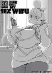  animal_crossing anthro blush canid canine canis clothed clothing domestic_dog english_text female greyscale hi_res isabelle_(animal_crossing) looking_at_viewer mammal monochrome nintendo opqhlak overweight overweight_female pussy_juice smile solo standing text video_games 
