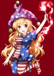  1girl american_flag_dress american_flag_legwear arm_up blonde_hair blue_legwear clownpiece eyebrows_visible_through_hair full_body hat highres jester_cap long_hair looking_at_viewer neck_ruff polka_dot polka_dot_hat purple_eyes purple_headwear red_background ruu_(tksymkw) short_sleeves simple_background solo star star_print striped striped_legwear touhou 