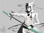 1boy 1girl absurdres black_hair bleach commentary facial_mark green_eyes grey_background highres holding horns jacket long_sleeves looking_at_viewer lovesexieie male_focus muscle number open_clothes open_jacket pale_skin signature solo sword torn_clothes ulquiorra_cifer weapon 