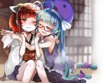  2girls ahoge bangs bare_arms bare_shoulders black_legwear blue_eyes blue_hair blurry blurry_background blush bow brown_hair commentary_request depth_of_field dress eyebrows_visible_through_hair glasses hair_bow hair_ornament hair_ribbon hairclip half-closed_eye hat head_tilt headgear japanese_clothes kimono long_hair long_sleeves multiple_girls obi one_eye_closed open_mouth otomachi_una pantyhose parted_lips purple_bow purple_dress purple_headwear purple_ribbon purple_skirt red-framed_eyewear red_eyes ribbon sailor_collar sailor_dress sash sasurai_susuki semi-rimless_eyewear sitting skirt sleeveless sleeveless_dress smile touhoku_kiritan twintails under-rim_eyewear very_long_hair voiceroid white_kimono white_neckwear white_sailor_collar wide_sleeves 