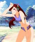  1girl ;) arm_up benjoerres bikini blue_bikini blue_sky breasts brown_eyes cloud collarbone cowboy_shot d.va_(overwatch) day facial_mark floating_hair groin hand_on_lap headphones highres leaning_forward long_hair one_eye_closed outdoors overwatch red_hair sky small_breasts smile solo sports_bikini standing sweat swimsuit very_long_hair 