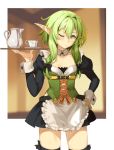  1girl black_skirt commentary_request cowboy_shot detached_collar elf goblin_slayer! green_eyes green_hair hair_between_eyes high_elf_archer_(goblin_slayer!) holding juliet_sleeves laze_13 long_sleeves maid one_eye_closed pointy_ears puffy_sleeves sidelocks skirt solo 