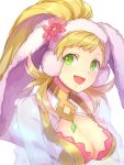  1girl animal_ears blonde_hair breasts bunny_ears cleavage fake_animal_ears fire_emblem fire_emblem_heroes gradient_hair green_eyes jurge long_hair medium_breasts multicolored_hair nintendo open_mouth pink_hair ponytail sharena_(fire_emblem) simple_background solo upper_body white_background 