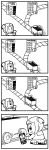  1girl 4koma :3 bkub building coal comic commentary eyebrows_visible_through_hair eyes_closed greyscale hair_ornament hair_scrunchie highres holding lever meme minecart monochrome motion_lines notice_lines poptepipic popuko railroad_tracks school_uniform scrunchie serafuku shoes short_hair short_twintails silent_comic simple_background skirt spray_can spraying trolley_problem twintails two_side_up white_background 