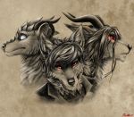  2019 abstract_background anthro black_sclera blue_eyes canid canine canis clothing conditional_dnp coyote cyavian digital_media_(artwork) entalonus faraden fur glowing glowing_eyes group hair horn kasai_(coyote) male mammal monochrome portrait psycrhen ratte red_eyes restricted_palette sagis sepia 