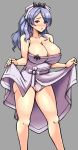  1girl absurdres bare_shoulders blush breasts camilla_(fire_emblem_if) cleavage dress fire_emblem fire_emblem_heroes fire_emblem_if grey_background hair_ornament highres large_breasts lifted_by_self long_hair nintendo parted_lips purple_eyes purple_hair simple_background sole_gem solo strapless strapless_dress 