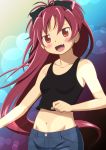  1girl :d black_bow black_tank_top blue_pants blush bow breasts cap_(dkdm-d) collarbone eyebrows_visible_through_hair fang floating_hair gradient gradient_background groin hair_between_eyes hair_bow lens_flare long_hair looking_at_viewer mahou_shoujo_madoka_magica midriff navel open_mouth pants red_eyes red_hair sakura_kyouko shiny shiny_hair small_breasts smile solo standing stomach very_long_hair 