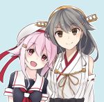  2girls bare_shoulders beret black_hair black_serafuku blue_background brown_eyes detached_sleeves flower hair_flaps hair_flower hair_ornament hairband hairclip haruna_(kantai_collection) harusame_(kantai_collection) hat head_on_another&#039;s_shoulder headgear kantai_collection long_hair multiple_girls neckerchief pink_hair red_eyes ribbon ribbon-trimmed_sleeves ribbon_trim s0mat school_uniform serafuku side_ponytail simple_background smile upper_body 