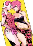  1girl 2girls blue_eyes breasts choker cleavage green_eyes highres jojo_no_kimyou_na_bouken medium_breasts midriff multiple_girls pink_hair short_hair simple_background skirt spice_girl_(stand) stand_(jojo) suurin_(ksyaro) trish_una vento_aureo 