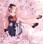  1girl abigail_williams_(fate/grand_order) bangs black_bow black_dress black_footwear black_headwear blonde_hair blue_eyes bow cherry_blossoms closed_mouth dress fate/grand_order fate_(series) forehead gantan hair_bow legs long_hair orange_bow parted_bangs polka_dot polka_dot_bow sleeves_past_fingers sleeves_past_wrists stuffed_animal stuffed_toy teddy_bear white_bloomers 