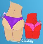  2019 butt clothed clothing digital_media_(artwork) ducatislo_(artist) elf fur hi_res humanoid lagomorph leipori leporid mammal moji_(paladins) paladins rabbit red_fur simple_background size_difference skye underwear video_games white_skin 