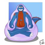  animate_inanimate anthro barefoot chair claws dinosaur erection grin hi_res inflatable inflatable_chair kanjojolteon living_inflatable male penis reptile scalie smile 