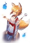  1girl :d animal_ear_fluff animal_ears apron bangs blonde_hair blush brown_footwear commentary_request eyebrows_visible_through_hair flower fox_ears fox_girl fox_tail full_body geta hair_between_eyes hair_flower hair_ornament hakama highres hitodama holding japanese_clothes kimono ladle long_hair long_sleeves looking_at_viewer open_mouth pantyhose red_flower red_hakama ribbon-trimmed_sleeves ribbon_trim senko_(sewayaki_kitsune_no_senko-san) sewayaki_kitsune_no_senko-san smile solo standing sugar_(dndi888) tail white_apron white_background white_kimono white_legwear wide_sleeves wooden_floor yellow_eyes 