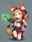  1girl :&lt; animal_ears earrings energy_gun female fox_ears fox_tail goggles goggles_on_head grey_background jewelry kiitos midriff original ray_gun shorts shorts_under_skirt simple_background skirt solo tail weapon 