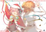  1boy 1girl alternate_costume armor astolfo_(fate) belt black_bow black_ribbon bow braid chaldea_uniform christmas command_spell commentary_request fang fate/grand_order fate_(series) fujimaru_ritsuka_(female) hair_ornament hair_ribbon hair_scrunchie hat jacket long_braid looking_at_viewer multicolored_hair open_mouth orange_eyes orange_hair pink_hair plackart purple_eyes ribbon saihate_(d3) santa_costume santa_hat scrunchie side_ponytail single_braid smile streaked_hair white_jacket yellow_scrunchie 