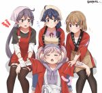  4girls =_= ahoge akebono_(kantai_collection) alternate_costume anger_vein apron bandaid bandaid_on_face black_legwear black_shirt braid brown_eyes brown_skirt bunny closed_mouth clothes_writing commentary_request crab denim eyes_closed gloves hair_between_eyes hair_bobbles hair_ornament hair_over_shoulder hairband hairclip happi head_scarf holding holding_another&#039;s_arm hood hoodie jacket japanese_clothes jeans kantai_collection light_brown_hair long_sleeves meguru_(megurunn) multiple_girls oboro_(kantai_collection) open_mouth pants pantyhose pink_hair pink_shirt ponytail purple_eyes purple_hairband purple_jacket red_ribbon ribbon sazanami_(kantai_collection) shirt short_hair simple_background single_braid skirt thighhighs twintails twitter_username ushio_(kantai_collection) white_background white_gloves white_shirt 