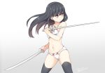  1girl bangs bare_arms bare_shoulders black_hair black_legwear blush bow bow_bra bow_panties bra breasts dual_wielding eyebrows_visible_through_hair gradient gradient_background grey_background hair_between_eyes hatsunatsu holding holding_sword holding_weapon katana long_hair looking_away looking_to_the_side navel original panties parted_lips red_eyes small_breasts solo sword thighhighs twitter_username underwear underwear_only v-shaped_eyebrows very_long_hair weapon white_background white_bra white_panties 