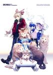  2019 3girls :t alternate_costume alternate_headwear bangs beanie blue_footwear blue_hair blue_jacket blue_pants blue_shirt boots bow casual character_name cirno clenched_teeth commentary_request contemporary dated dog eyebrows_visible_through_hair fujiwara_no_mokou fur_trim gloves grin hair_between_eyes hair_bow hand_on_hip hat high_collar highres jacket karaori leaning_forward leash letty_whiterock long_hair long_sleeves looking_at_viewer multiple_girls o_o open_clothes open_jacket pants pink_sweater red_eyes red_jacket ribbed_sweater scarf shirt silver_hair sitting sled smile standing sweater teeth touhou very_long_hair white_background white_bow white_gloves white_headwear white_scarf 