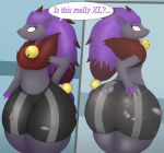  2018 anthro big_butt butt canid canine claws clothing digital_media_(artwork) fan_character fur hair hi_res male mammal mien_(pandashorts) nintendo open_mouth pandashorts pok&eacute;mon pok&eacute;mon_(species) reflection solo tailless text thick_thighs torn_clothing video_games wide_hips zoroark 