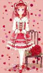  10s 1girl artist_request bangs birthday blush bouquet dress elbow_gloves female flower garter_straps gloves happy_birthday looking_at_viewer love_live! love_live!_school_idol_project nishikino_maki purple_eyes red_dress red_flower red_hair red_rose red_theme ribbon rose solo striped striped_ribbon swept_bangs thighhighs tiara white_dress white_gloves white_legwear 
